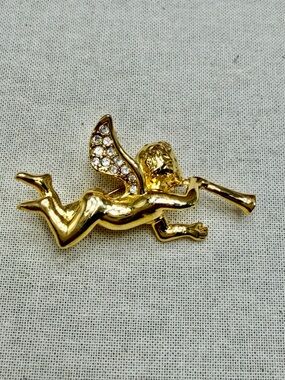 Carolee Gold-Tone Cherub Brooch with Crystal Wings